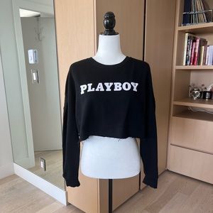 Playboy X Missguided | Playboy Logo Print Cropped Sweatshirt | Size 4 | Black
